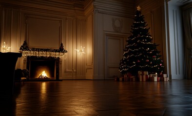 Wall Mural - Christmas in the dark with lanterns, glowing trees, and fireplaces