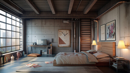 A cozy loft bedroom with metal beams, concrete walls, and rustic wooden accents, combining an industrial and modern aesthetic