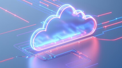 Sticker - Futuristic glowing cloud with vibrant neon colors, representing digital technology and data storage in a modern setting.