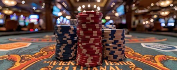 A detailed photograph of poker chips stacked in neat piles atop a casino table under warm ambient lighting, showcasing a vibrant casino atmosphere