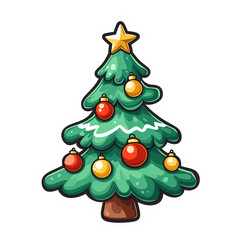 Christmas tree isolated on transparent background. Illustration. Sticker with white outline.