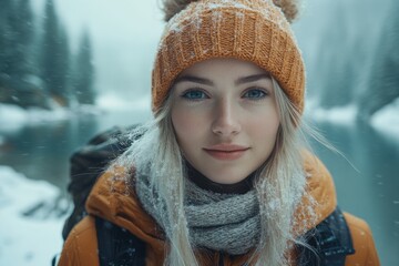 Serene Woman in Winter Coat Admiring Snow-Covered Lake - Soft Focus Portrait with Fujifilm GFX 100S