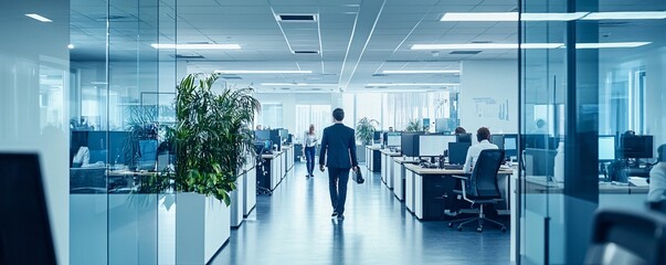 Wall Mural - Businessman walking through modern open plan office with workers