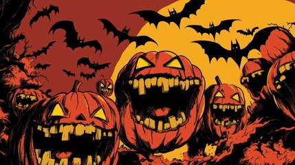 A comic-style Halloween illustration with glowing pumpkins and bats