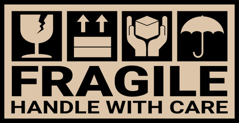 sticker fragile handle with care, black and brown fragile warning label, fragile label with broken glass symbol, vector asset. cardboard color