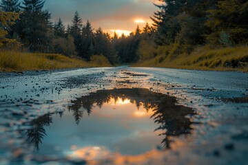 Wall Mural - A tranquil sunset reflects beautifully in a puddle on a country road surrounded by a dense forest, creating a serene and picturesque scene in nature