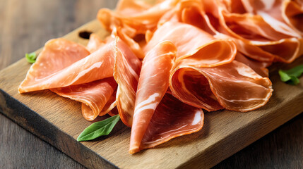 Wall Mural - Slices of cured ham arranged on a wooden cutting board with a garnish of fresh green basil leaves.