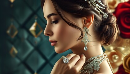 Sophisticated woman showcasing a stunning diamond ring, embodying luxury and elegance in a captivating jewelry and accessory business banner