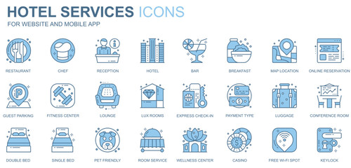 Poster - Hotel services web icons set in duotone line design. Pack of restaurant, chef, reception, bar, breakfast, map location, online reservation, guest, other outline stroke pictograms. Vector illustration