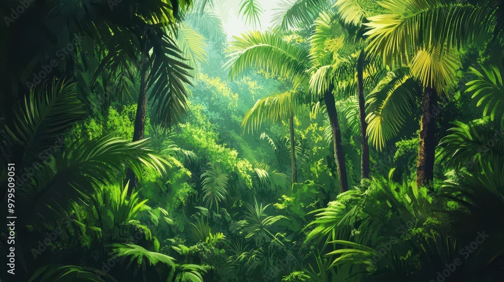 dense jungle with wild palm trees and tropical plants green rainforest ...