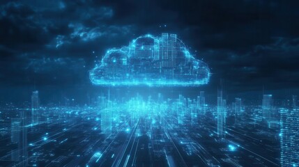 digital transformation glowing blue network of interconnected nodes forms cloud shape binary code streams and circuit patterns overlay futuristic cityscape