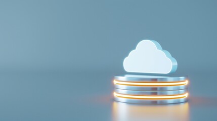 Sticker - Stylish 3D cloud storage icon on a futuristic pedestal with glowing elements for technology and digital themes.