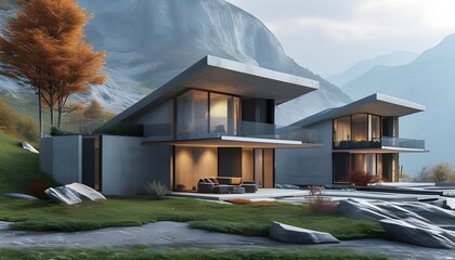 Canvas Print - Contemporary mountain bungalow with hipped roof showcasing harmony between mass and space through innovative design