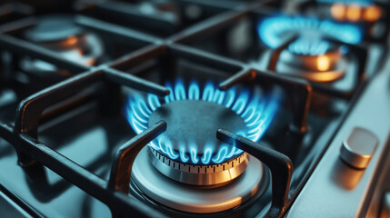 Poster - Close-up of a gas stove with active blue flames on multiple burners, showing metallic components and cast-iron grates in a kitchen setting.