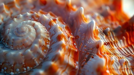 A close-up of a seashell with ridges and natural patterns.