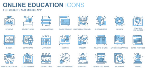 Poster - Online education web icons set in duotone line design. Pack of student, desk, learning tools, course, knowledge growth, sharing idea, university, other outline stroke pictograms. Vector illustration