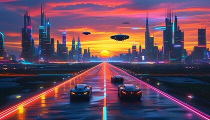 Wall Mural - Futuristic city skyline illuminated by neon signs, flying cars traversing grid-pattern roads, capturing an aerial perspective towards the horizon