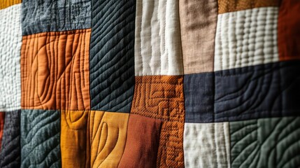 earthy tones quilted wall hanging abstract geometric pattern textural stitch work closeup