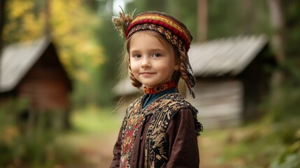 Lithuanian Child in Traditional Outfit Posing in Forest Near Wooden Houses