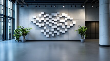 Wall Mural - A modern office lobby with concrete walls and white cube installations�a minimalist marvel.