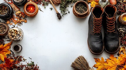 Wall Mural - Autumn leaves and herbs surround cozy boots in a beautiful flat lay, embracing the essence of fall.