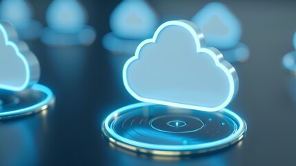 Sticker - Stylish glowing cloud icons set on a dark background, symbolizing modern technology and digital storage concepts.