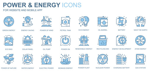 Poster - Power and energy web icons set in duotone line design. Pack of green, petrol tank, eco, oil barrel, battery, solar panel, recycling bin, renewable, other outline stroke pictograms. Vector illustration