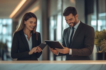 Poster - Business man and woman in suits smiling while using a tablet office modern collaboration.