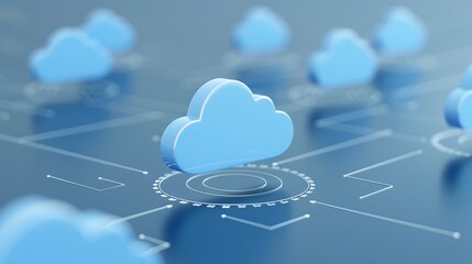 Poster - Stylized blue clouds representing cloud computing and technology, showcasing digital connections in a modern design.