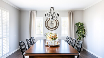 A formal dining room with a classic chandelier, dark wood table, and vintage chairs, paired with modern touches like a statement mirror and geometric centerpiece