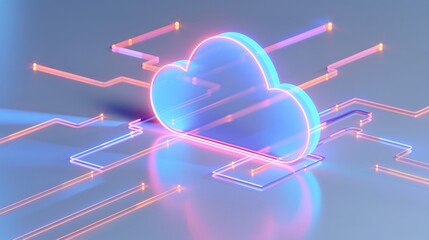 Poster - Vibrant cloud graphic with neon accents symbolizing digital storage and connectivity in modern technology.