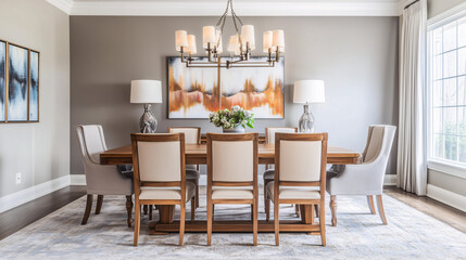 A formal dining room with an antique wooden table and chairs, mixed with modern design elements such as a contemporary light fixture and stylish, abstract artwork