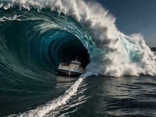 Poster - Boat facing a large tidal wave.