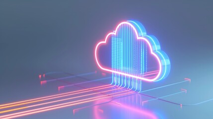 Wall Mural - Vibrant neon cloud symbolizing digital storage with colorful data streams, representing modern technology and cloud computing concepts.