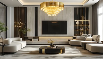 Modern open concept living room featuring elegant gold pendant lights and contemporary interior design