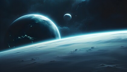 Wall Mural - Ethereal view of a distant alien planet from space, with light rays piercing through its atmosphere and a moon glowing in a dark, foggy background