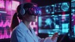 © Bijac - female scientist in dark office using virtual reality for research futuristic holographic data screens digital painting