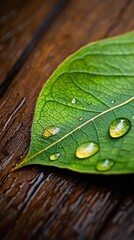 Wall Mural -  A green leaf rests atop a weathered wooden table, its underside dotted with water droplets