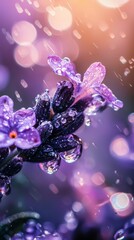 Canvas Print -  A tight shot of a purple bloom speckled with water droplets, surrounded by a hazy backdrop of raindrops