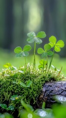 Wall Mural -  Four clover leaves atop a mossy forest log