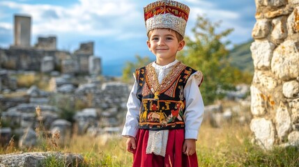 Wall Mural - Proud Macedonian Child in Traditional Costume Posing by Ancient Ruins in Rural Setting