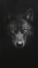 Wall Mural - a wolf's intense gaze, its eyes a striking blue contrast against a black backdrop