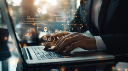 Close-up of programmer's hand. Concept of software developer writing code on laptop computer with javascript. Hologram, circuit board on virtual screen.