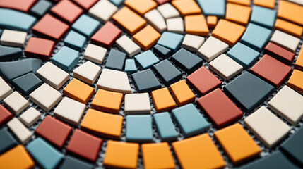 Wall Mural - Close-up of colorful mosaic tiles arranged in a spiral pattern. The tiles are in various shapes and colors, including blue, orange, red, and cream.