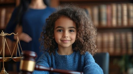 Cute child and mother at table with gavel of judge blurred in background, family law concept