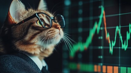 Business cat in glasses and a tailored suit studies a stock graph, green lines rising, as it monitors market performance.