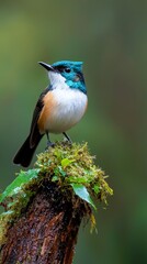  A blue-and-white bird atop a mossy tree trunk against a blurred backdrop