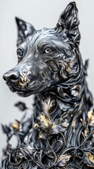 Wall Mural -  A tight shot of a statuette canine with a blossom atop its head and intricate leafy adornments embellishing its body