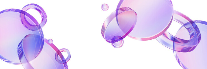 3D glass circle shape background, transparent purple plastic geometric glossy lens futuristic banner. Acrylic translucent flying disc, crystal neon design different angles figure. 3D glass poster