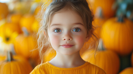 Poster - Portrait of a little girl wearing orange shirt with Halloween pumpkins on the background. 